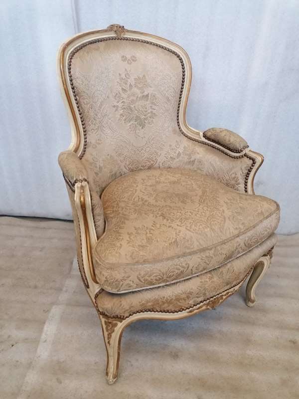 A  French Pair of Painted Louis XV style and Gold leafed Bergere Chairs