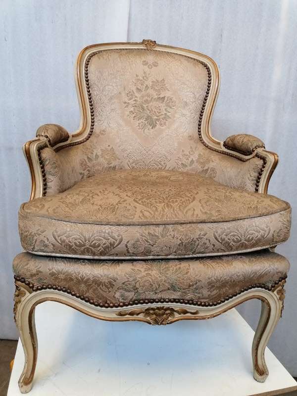 A  French Pair of Painted Louis XV style and Gold leafed Bergere Chairs