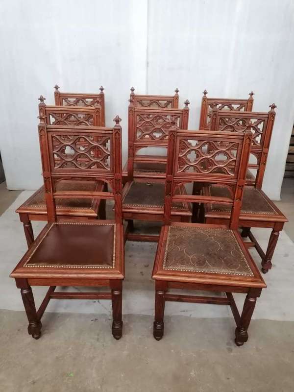 8 Oak Gothic style chairs