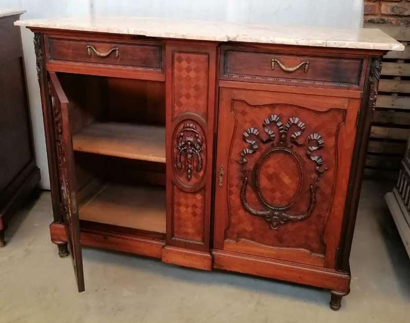 A pair of Louis XVI style cabinets with parquetry inlay and Marble tops.