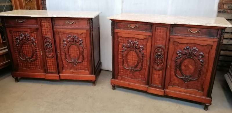 A pair of Louis XVI style cabinets with parquetry inlay and Marble tops.
