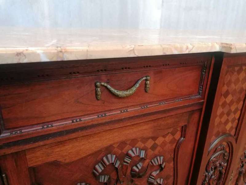 A pair of Louis XVI style cabinets with parquetry inlay and Marble tops.