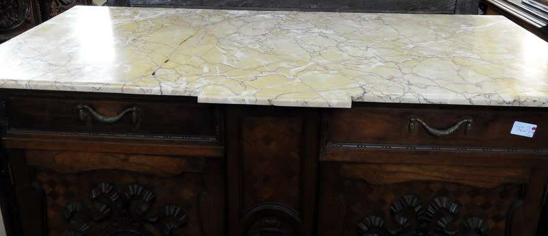A pair of Louis XVI style cabinets with parquetry inlay and Marble tops.