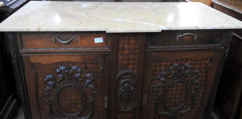 A pair of Louis XVI style cabinets with parquetry inlay and Marble tops.