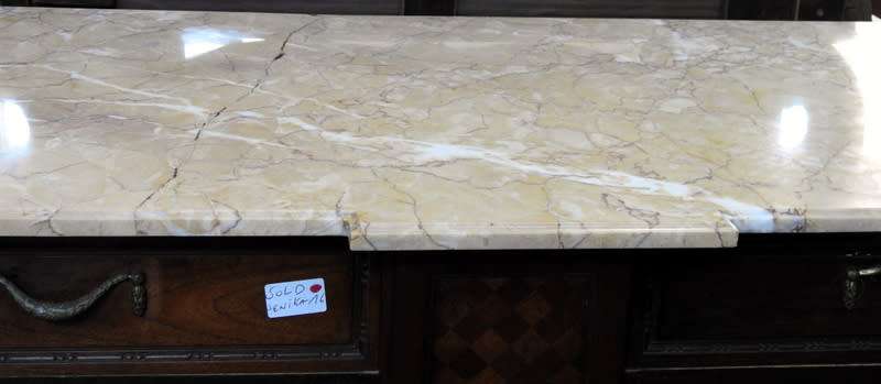 A pair of Louis XVI style cabinets with parquetry inlay and Marble tops.