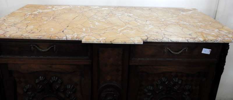 A pair of Louis XVI style cabinets with parquetry inlay and Marble tops.
