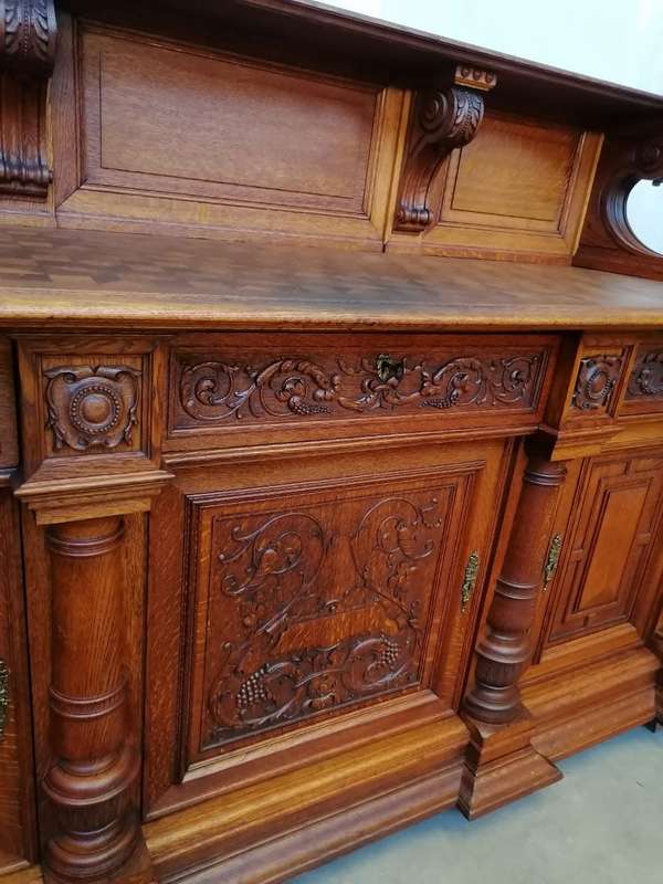 Three Door  Solid Oak Carved Renaissance Sideboard/Server with Parquetry inlay
