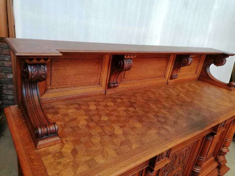 Three Door  Solid Oak Carved Renaissance Sideboard/Server with Parquetry inlay