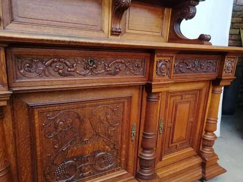 Three Door  Solid Oak Carved Renaissance Sideboard/Server with Parquetry inlay