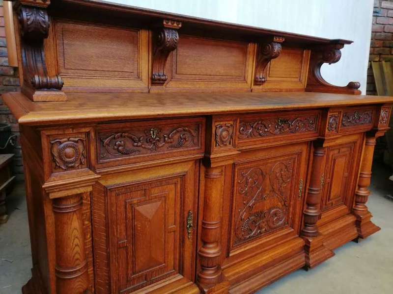Three Door  Solid Oak Carved Renaissance Sideboard/Server with Parquetry inlay
