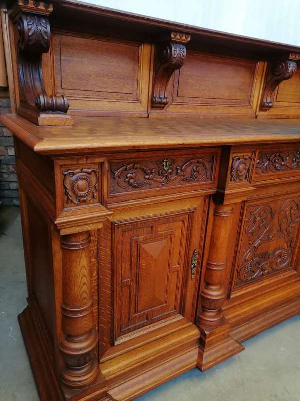 Three Door  Solid Oak Carved Renaissance Sideboard/Server with Parquetry inlay