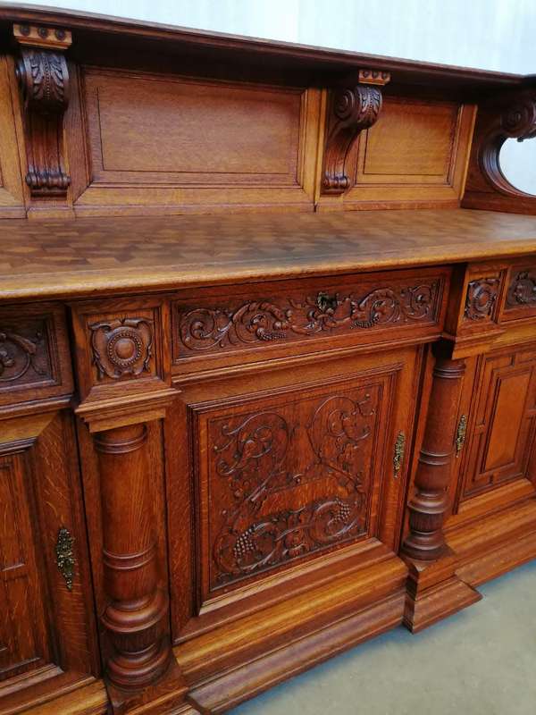 Three Door  Solid Oak Carved Renaissance Sideboard/Server with Parquetry inlay