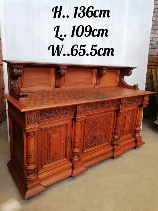 Three Door  Solid Oak Carved Renaissance Sideboard/Server with Parquetry inlay