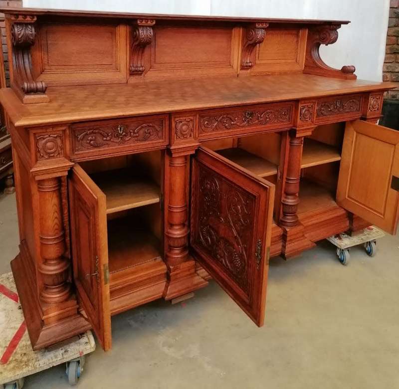 Three Door  Solid Oak Carved Renaissance Sideboard/Server with Parquetry inlay