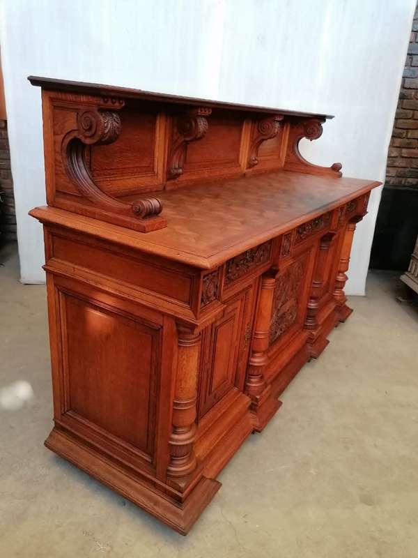 Three Door  Solid Oak Carved Renaissance Sideboard/Server with Parquetry inlay