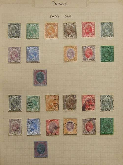 **HALF PRICE** PERAK - 1935 SULTAN ISKANDAR - TWO PART SETS - MINT and USED - HINGED TO PAPER