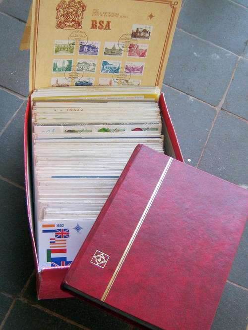 BOX FULL OF RSA FDC's + STOCK BOOK OF CORRESPONDING STAMPS/SHEETS