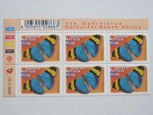 RSA - 2000 7th DEFIN BUTTERFLIES & MOTHS R1.40 - CONTROL BLOCK OF 6 - MNH