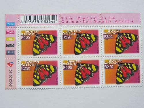 RSA - 2002 7th DEFIN BUTTERFLIES & MOTHS R2.20 - CONTROL BLOCK OF 6 - MNH