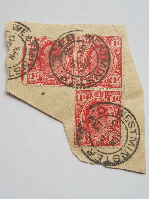 INTERPROVINCIAL - TVL 1905-09 KEVII 1d SCARLET PAIR - CLEAR WESTMINSTER CANCELLATION 16th OCT 1913