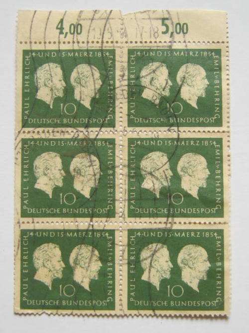 GERMAN FEDERAL REPUBLIC - 1954 Birth Centenary of Erlich & Von Behring  - Block of 6 - Used