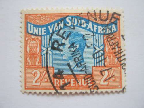 UNION - 1951 REVENUE - 2/- ORANGE & BLUE WITH LANGUAGE ERROR & WITH CLEAR CANCELLATION - UNH