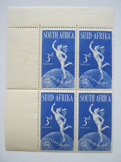UNION - 1949 75th ANNIV OF U.P.U. 3d - MARGINAL BLOCK OF 4 WITH "SERIF ON "C" " FLAW - MNH