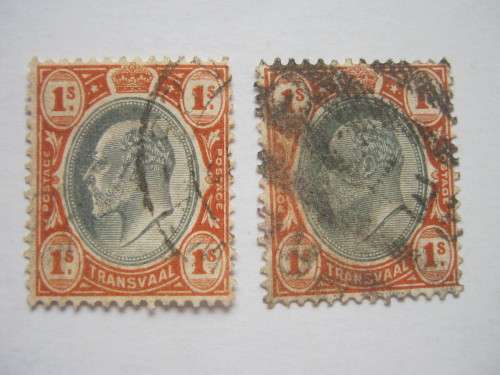 TRANSVAAL - 1904-09 DEFIN ISSUE KEVII 1/- BLACK & RED-BROWN - 2 STAMPS - UNH