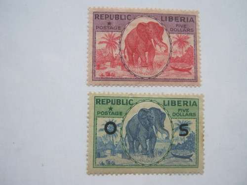 LIBERIA - 1921 DEFIN ISSUE - $5 RED & PURPLE AND $5 BLUE & GREEN "OFFICIAL" (TOP VALUES) - MNH