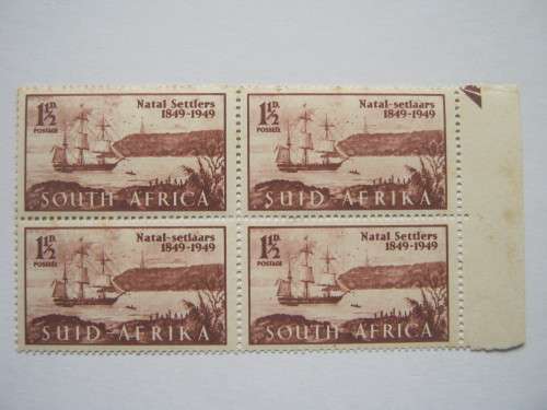 UNION - 1949 CENTENARY OF BRITISH SETTLERS - 1&1/2d BLOCK OF 4 - LARGE SPOT ON "S" - MNH
