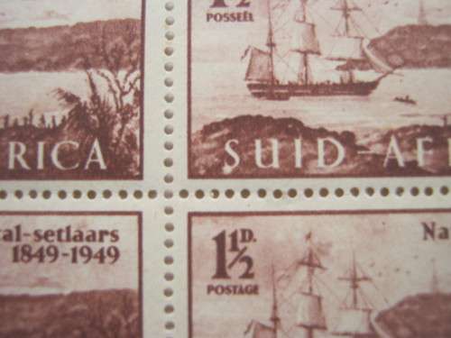 UNION - 1949 CENTENARY OF BRITISH SETTLERS - 1&1/2d BLOCK OF 4 - LARGE SPOT ON "S" - MNH