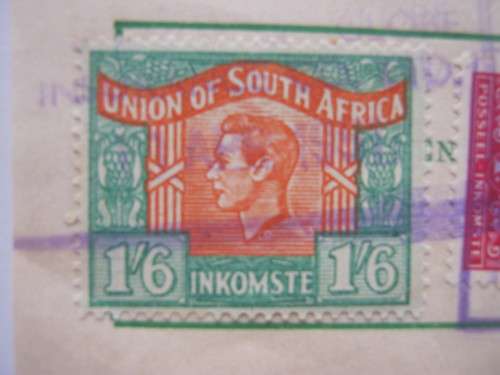 UNION - REVENUES ON PIECE - 1947 1s6d WITH LANGUAGE ERROR