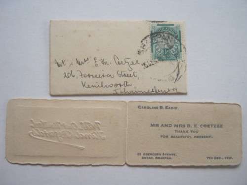 POSTAL HISTORY - 1935 WEDDING GIFT MINIATURE `THANK YOU` CARD AND ENVELOPE