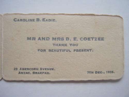 POSTAL HISTORY - 1935 WEDDING GIFT MINIATURE `THANK YOU` CARD AND ENVELOPE
