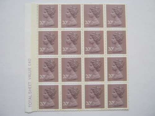 GB QEII - MACHINS 1971-1996 - 20p DULL PURPLE (2 BANDS) - MARGINAL BLOCK OF 16 - MNH