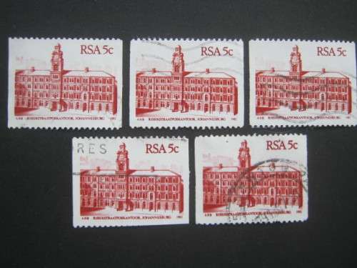RSA - 1982 4th DEFIN ISSUE `BUILDINGS` - 5c `COIL` - SELECTION OF SINGLES - USED POSTALLY