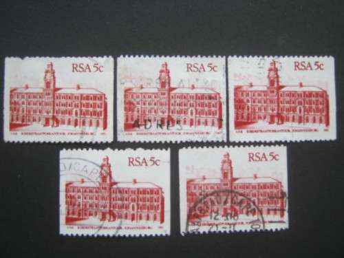 RSA - 1982 4th DEFIN ISSUE `BUILDINGS` - 5c `COIL` - SELECTION OF SINGLES - USED POSTALLY