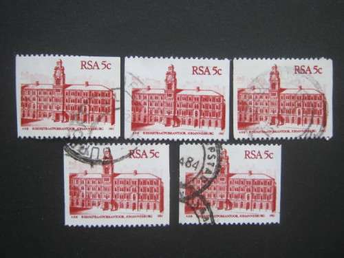 RSA - 1982 4th DEFIN ISSUE `BUILDINGS` - 5c `COIL` - SELECTION OF SINGLES - USED POSTALLY