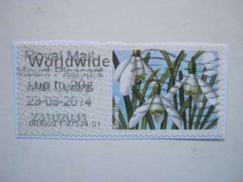 **R1 START** GB QEII - 2014 ROYAL MAIL POST & GO STAMPS - WORLDWIDE 20gr SNOWDROP - USED & ON PAPER