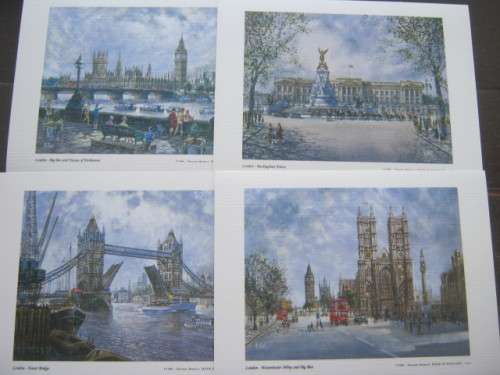 4 x ART PRINTS OF HW MOSS`s RENDITION OF FAMOUS LONDON LANDMARKS - COPYRIGHT 1988 THOMAS BENACCI