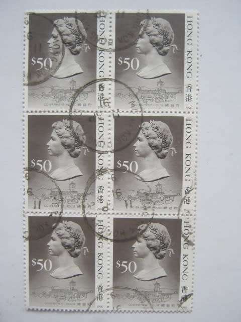 HONG KONG - 1987 DEFIN ISSUE QEII - TOP VALUE $50 IN BLOCK OF 6 - USED