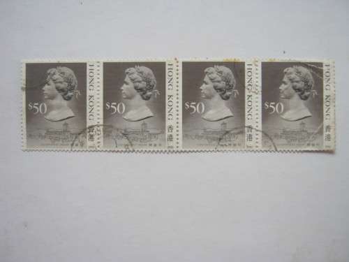 HONG KONG - 1987 DEFIN ISSUE QEII - TOP VALUE $50 IN STRIP OF 4 - USED