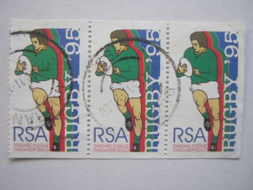 RSA - 1995 RUGBY WORLD CUP TOURNAMENT - STD MAIL STRIP OF 3 FROM BOOKLET - POSTALLY USED
