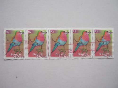 RSA - 2000 7th DEFIN ISSUE - R2 LILACBREASTED ROLLER - STRIP OF 5 - POSTALLY USED