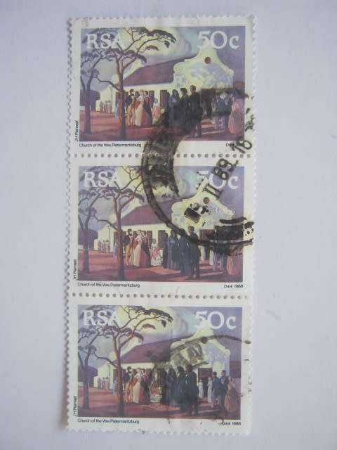 RSA - 1988 150th ANNIV OF THE GREAT TREK - 50c CHURCH OF THEVOW - STRIP OF 3 - USED POSTALLY