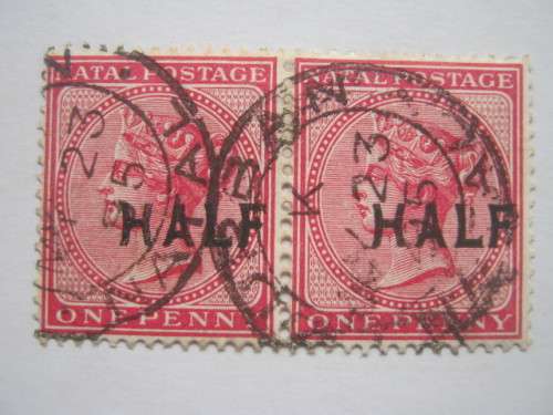 NATAL - 1895 "HALF" ON 1d ROSE - PAIR - FINE USED WITH GOOD CANCELLATION