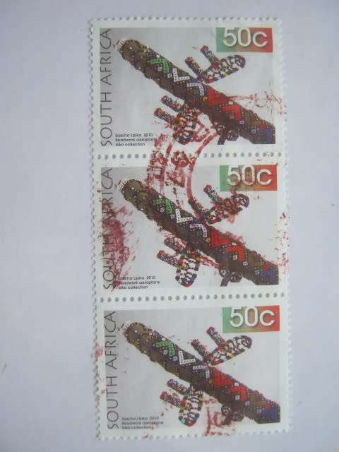 RSA - 2010 8th DEFIN ISSUE - 50c AEROPLANE - VERTICAL STRIP OF 3 - POSTALLY USED