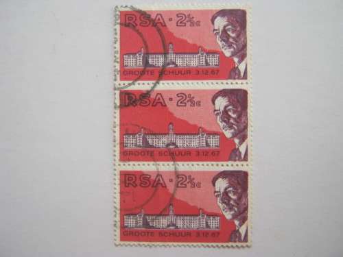 RSA - 1969 HEART TRANSPLANT 2and1/2c - VERTICAL STRIP OF 3 - POSTALLY USED