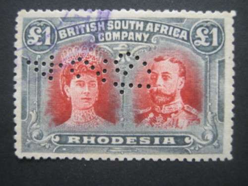 BSAC - 1910 DEFIN ISSUE `DOUBLE HEADS` - 1POUND (TOP VALUE) - FISCALLY USED WITH `1924` DATE PERFIN