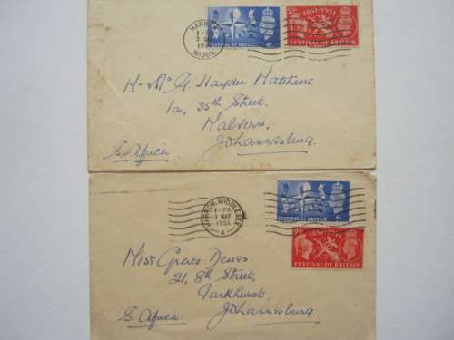 GB KGVI - 1951 FESTIVAL OF BRITAIN - FULL SET ON PRIVATE COVER WITH FD CANCELLATION x 2
